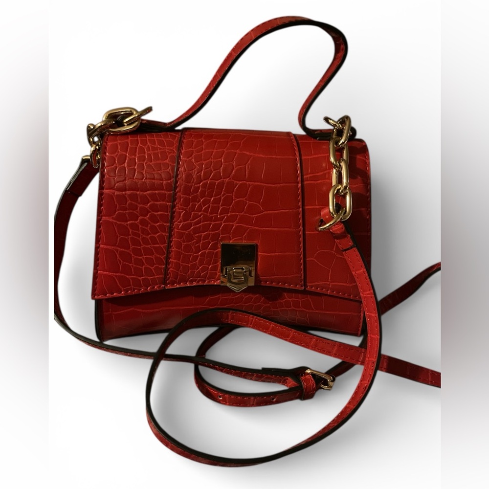 Aldo Crimson Croc-Embossed Crossbody Leather with Gold Accents